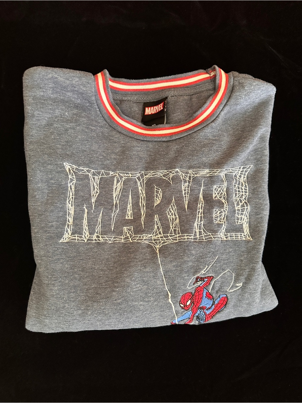Marvel Boxlunch Blue-Gray Sweatshirt with Red-Trim Collar and Spider-Man Graphic